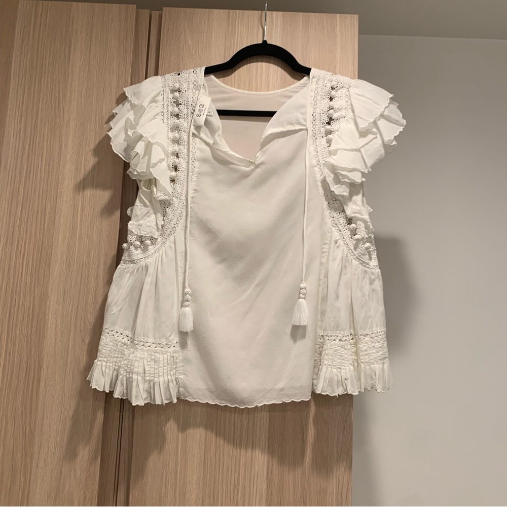 Sea New York White Pleated Ruffle Sleeve Blouse - 8 - Picture 3 of 15